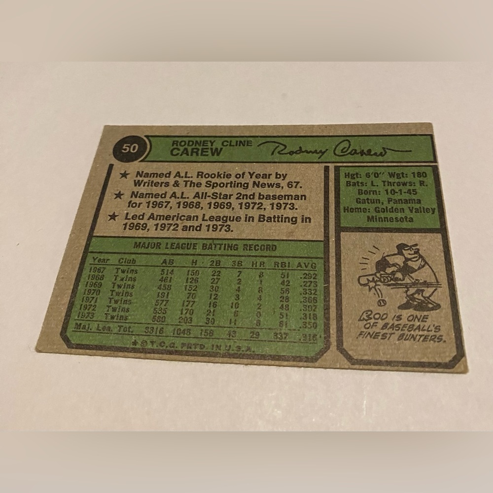 Rod Carew 1974 Topps Baseball Card Vintage Collectible - Picture 2 of 3